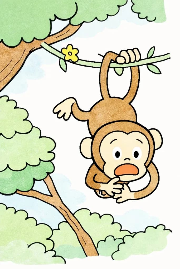 On the left side of the image, Monkey hangs upside down from a vine among the branches of a large tree, gripping the vine with one hand and a branch with his feet, his face visible and turned toward the viewer. His expression is worried and anxious, with wide eyes and a frowning, open mouth showing distress, and one hand clutches his clenched tummy. The outdoor scene is set in a lush tree canopy with green leafy foliage, small yellow flowers on the vine, and a soft blue sky visible through the leaves. The right side of the image is plain white background, clear for text overlay.