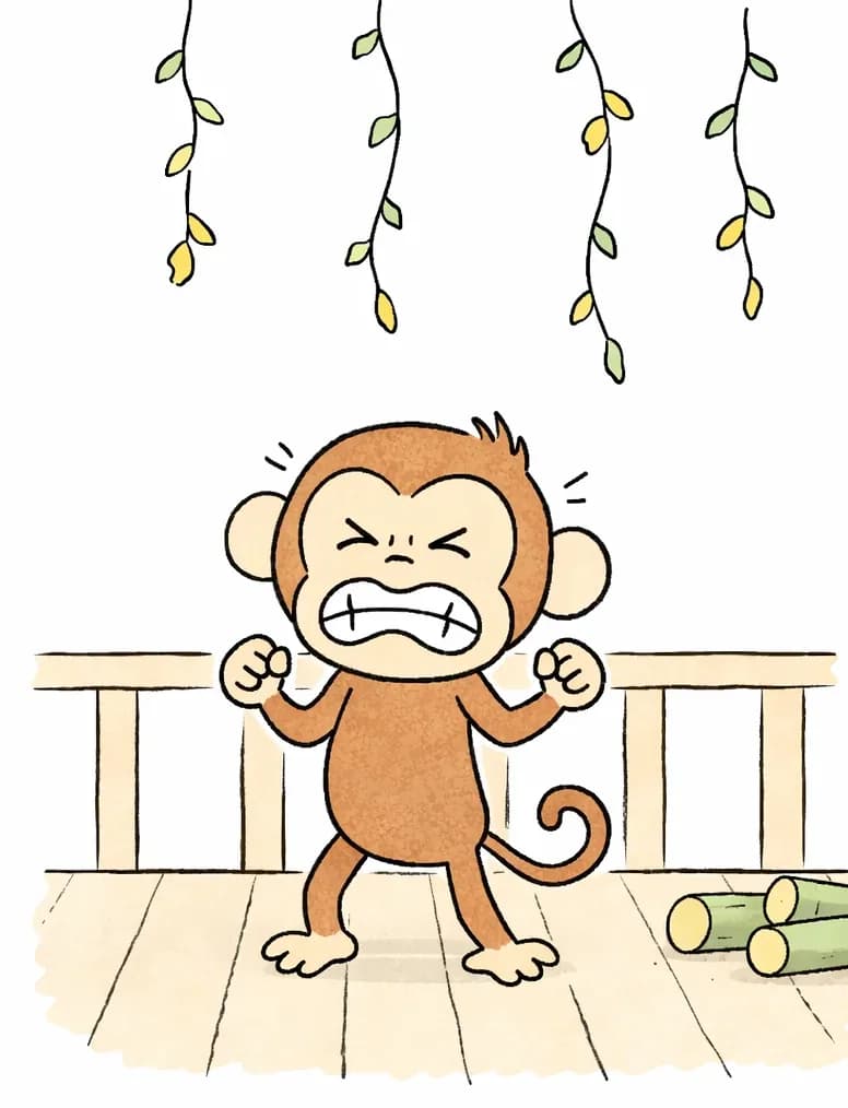 On the right side of the image, Monkey stands on a wooden deck with a railing, gritting his teeth with eyes squeezed shut in frustration, fists clenched at his sides in a tense, irritated pose. Green vines with small yellow flowers hang down from above, and a small pile of cut bamboo stalks sits in the bottom-right corner. The left side of the image is plain white background, suitable for text overlay.