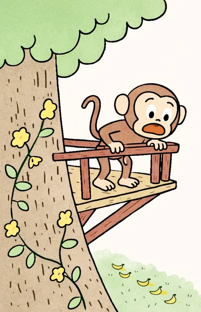 On the left side of the image, Monkey stands on a wooden treehouse platform built into a large tree, leaning forward against the railing and peering down with wide eyes and a surprised, excited expression, as if spotting something yellow on the grass far below. A faint trail of yellow bananas is visible on the ground at the base of the tree. The tree has lush green foliage above and yellow flowers with vines growing along its trunk. The right side of the image is plain white background, suitable for text overlay.