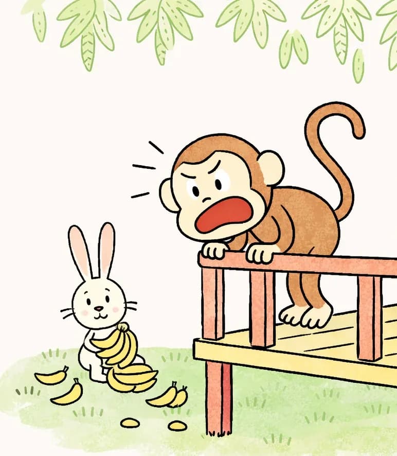 On the right side of the image, Monkey stands on a wooden bridge or platform with red railings, leaning forward over the railing at a three-quarter angle, his face visible and contorted with anger and hunger — mouth wide open as if shouting, brow furrowed. In the middle distance, Rabbit sits on the green grass facing toward the viewer, with a great big bunch of bananas and several loose bananas scattered on the ground around him in a casual picnic setting. The scene is set outdoors in a lush green meadow with tropical-looking foliage hanging from the top of the frame. The left ~40% of the image is plain white/light background, suitable for text overlay.