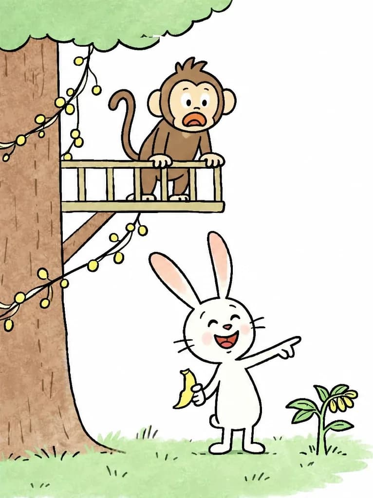 On the left side of the image, Rabbit stands upright on the grass, holding a banana in one hand and pointing with the other toward a small banana plant growing nearby. Rabbit has a cheerful, laughing expression, completely unbothered. Behind Rabbit, a large tree dominates the left edge, with Monkey perched on a small wooden platform high up on the trunk, peering down over the railing with a surprised expression. Vines with small yellow fruits hang from the tree's branches. The scene is set outdoors in a lush, green backyard setting on a bright day, with the right side of the image fading to plain white background.