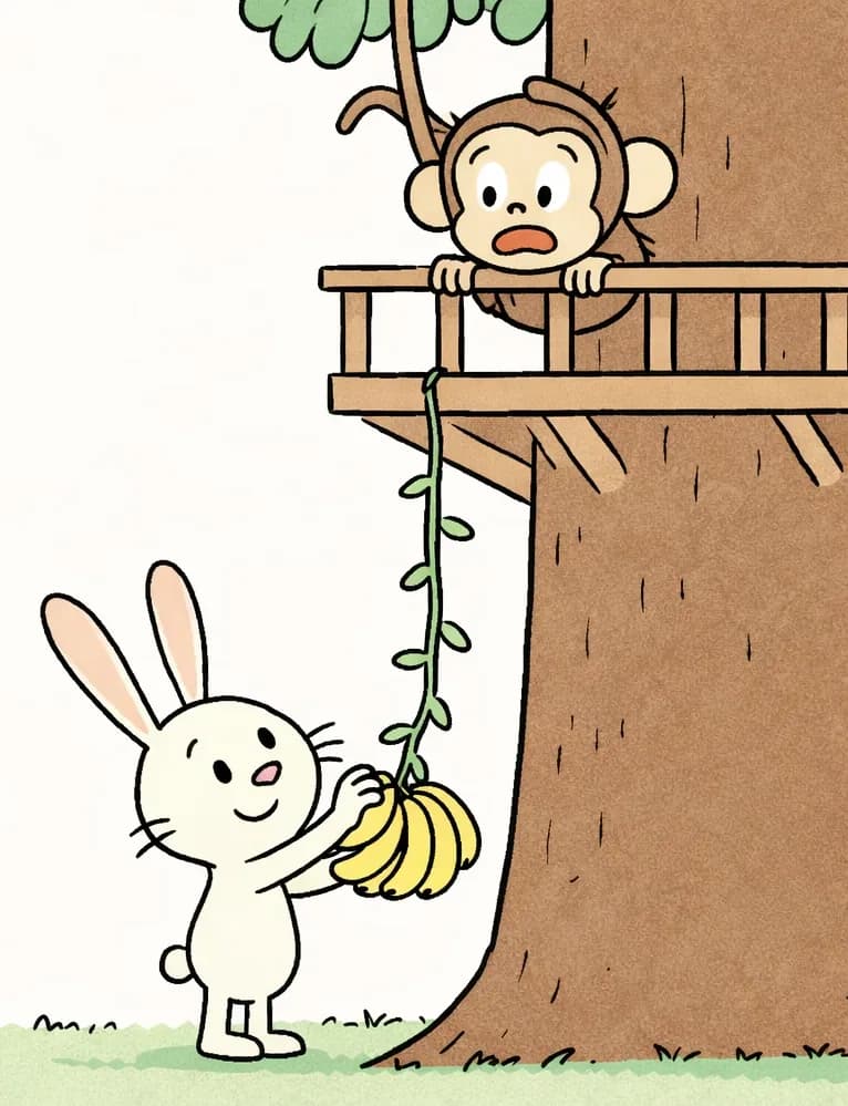 On the right side of the image, Rabbit stands at the base of a large tree, smiling warmly and reaching up to tie a big bunch of bananas to a vine that hangs down from above. Monkey peers down from a wooden treehouse built high up in the tree, grinning with a surprised, grateful expression as he watches Rabbit below. The scene is set outdoors in a grassy suburban yard on a bright, clear day, with soft green foliage and a hazy blue sky in the background. The left side of the image is open sky with large, soft white clouds, leaving clear space for text.