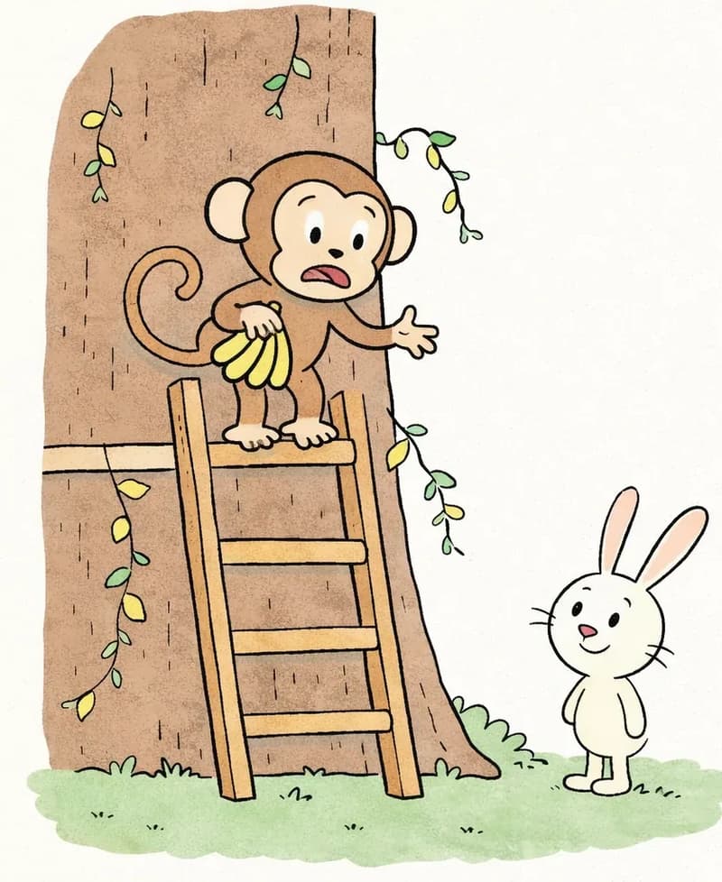 On the left side of the image, Monkey stands on a wooden ladder propped against a large tree trunk, with a worried, uncertain expression on his face. He holds a bunch of bananas in one hand and gestures with the other. The scene is outdoors with green vines and small yellow flowers trailing along the tree. Down on the grass at the base of the tree, Rabbit stands looking up at Monkey with a calm, reassuring smile, speaking up to him. The right side of the image is plain white background, framed by a decorative scalloped border.