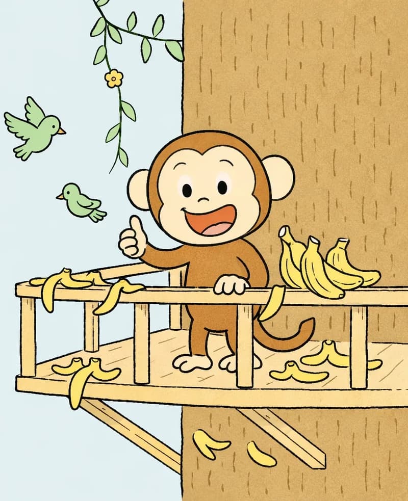 On the right side of the image, Monkey stands in a wooden treehouse built against a large tree, leaning on the railing with a wide, laughing grin and one hand raised with a thumbs-up, looking as though having a sudden joyful realization. Banana peels are scattered all around the treehouse railing and on the deck below. A bunch of bananas sits on the railing beside Monkey. The left side is open sky with a soft blue watercolor background; a couple of small green birds fly near the tree's branches and vines.