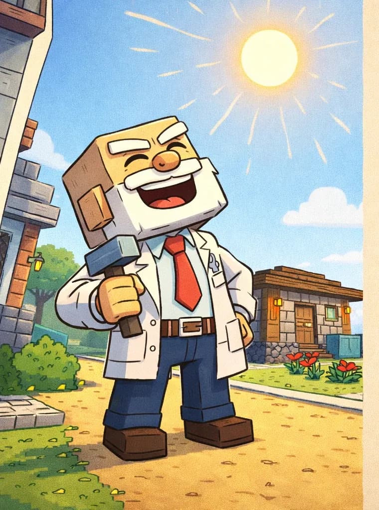 On the left side of the image, Dr. Can Do stands on a sandy path outside a suburban house, facing the viewer at a three-quarter angle, looking up at the blazing sun high above and laughing. He is a blocky, Minecraft-style character with a cube-shaped head, light beige skin, white bushy eyebrows, a thick white mustache, and small dark eyes. He wears a white lab coat over a white dress shirt with a red necktie, a dark brown belt, dark navy-blue pants, and dark brown shoes, and holds a small gray hammer in his right hand. A stone-and-wood house sits in the middle-left background along the sandy path, with red tulips and green shrubs in the front yard. The scene is set outdoors on a bright, sunny summer day with a clear blue sky, emphasizing the hot Christmas weather. The right ~40% of the image is a plain beige panel reserved for text.