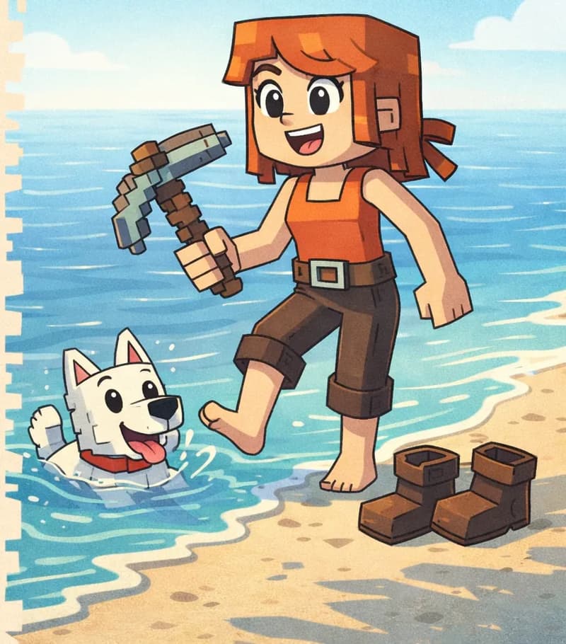 On the right side of the image, Jill stands at the water's edge on a sandy beach on a bright, sunny afternoon. She is a blocky, Minecraft-style character with a square head, shoulder-length auburn/copper-orange hair with a side-swept fringe, large round dark eyes, light/fair skin, and a laughing open-mouthed expression. She wears a bright orange sleeveless top with a brown belt at the waist and dark brown pants, and is kicking off her brown boots at the shoreline, one foot bare. She holds a gray-and-brown pickaxe in her right hand. In the shallow water nearby, Minx — a blocky, Minecraft-style white dog with large pointed ears with pink inner ear details, round black eyes, a black nose, a pink tongue, and a red collar — splashes about with just her head poking above the surface. A calm ocean stretches to the horizon. Long afternoon shadows stretch across the sand. The left ~40% of the image is a plain beige panel reserved for text.