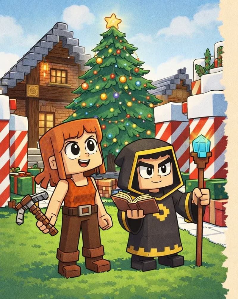 On the left side of the image, a Minecraft-style town square is decorated for Christmas. A large green Christmas tree covered in colorful lights stands in the center-left, surrounded by oversized red-and-white striped gift boxes and smaller wrapped presents. A brick building with a peaked roof is visible behind the tree. In the foreground on the left, Jill stands facing the viewer at a three-quarter angle, looking up at the decorated tree with a small open-mouthed smile. She is a blocky Minecraft-style character with a square head, shoulder-length auburn/copper-orange hair with a side-swept fringe, large round dark eyes, and light/fair skin. She wears a bright orange sleeveless top with a brown belt at the waist, dark brown pants, and brown boots, and holds a gray-and-brown pickaxe in her right hand. Beside her stands The Mage, a blocky Minecraft-style character in a dark charcoal-black hooded robe with gold/yellow trim along the edges and a gold diamond-shaped emblem on the chest, dark boots, light/warm beige skin, narrow angular dark eyes, and dark hair mostly hidden under the hood. He holds an open brown book in one hand and a tall wooden staff topped with a glowing light-blue crystal gem in the other. The right ~40% of the image is plain beige background reserved for text. The scene is outdoors on a bright, clear day.