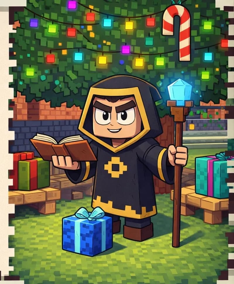 On the right side of the image, The Mage stands facing forward beneath a large decorated Christmas tree adorned with colorful lights and a candy-cane-striped ornament. He is a blocky, Minecraft-style character with a short, stocky build and square proportions. He wears a dark charcoal-black hooded robe with gold/yellow trim along the edges and a gold diamond-shaped emblem on the chest, along with dark boots. He has light/warm beige skin, narrow angular dark eyes, and dark hair mostly hidden under the hood. He holds an open brown book in one hand and a tall wooden staff topped with a glowing light-blue crystal gem in the other. He has a wide grin on his face, looking down at a blue wrapped present sitting right at his feet. Additional red, green, and cyan gift boxes are scattered around the base of the tree on wooden platforms. The scene is set indoors in a Minecraft-style environment with a green carpeted floor. The left ~40% of the image is a plain beige panel reserved for text.