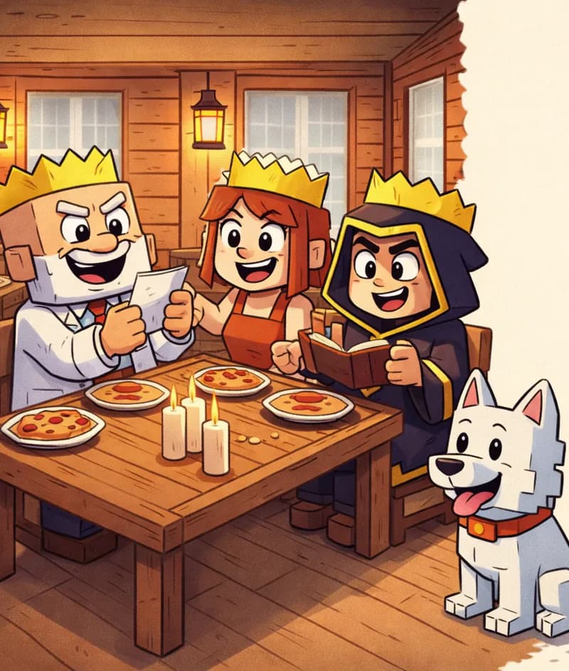 On the left side of the image, several Minecraft-style blocky characters are seated around a long wooden dining table inside a cozy log cabin. At the head of the table, Dr. Can Do faces the viewer, holding an unfolded Christmas cracker joke slip and reading it aloud with a laughing expression. He is a blocky character with a cube-shaped head, light beige skin, white bushy eyebrows, a thick white mustache, and small dark eyes. He wears a white lab coat over a white dress shirt with a red necktie, dark navy-blue pants, and a gold paper crown from a Christmas cracker on his head. Beside him, Jill faces the viewer with a laughing open-mouthed expression, having just blurted out the punchline. She has a square head, shoulder-length auburn/copper-orange hair with a side-swept fringe, large round dark eyes, and light/fair skin. She wears a bright orange sleeveless top with a brown belt and dark brown pants, with a gold paper crown on her head. Across the table, The Mage sits in his dark charcoal-black hooded robe with gold/yellow trim and a gold diamond-shaped emblem on the chest, also wearing a gold paper crown, laughing along. Minx, a small blocky white dog with a red collar, sits on the floor near the table. All characters sit before plates of food, with white candles lit on the table. The warm indoor scene is lit by glowing lanterns mounted on the wooden walls, with windows visible in the background. The right ~40% of the image is a plain beige/cream area reserved for text overlay.
