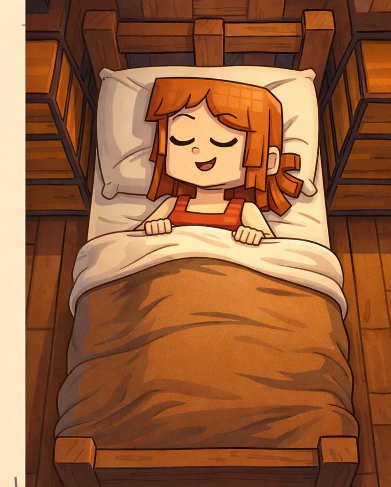 On the right side of the image, Jill is lying in bed, viewed from above, with a content, closed-eye smile. She is a blocky, Minecraft-style character with a square head, shoulder-length auburn/copper-orange hair with a side-swept fringe spread across the pillow, and light/fair skin. She is tucked under cozy blankets in a warm wooden bedroom with wooden plank floors and wooden furniture including a headboard and shelving. The scene has warm indoor lighting suggesting nighttime/bedtime. The left ~40% of the image is a plain beige area reserved for text.