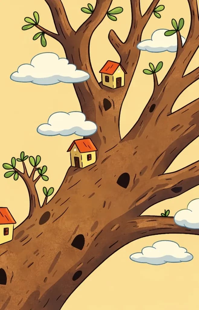 On the right side of the image, a large brown tree trunk extends diagonally with branching limbs, dotted with several dark holes. Small houses with red-orange roofs and pale yellow walls sit along the branches, forming a tiny township. Green leaves sprout from the branch tips, and soft white clouds drift between the branches. The left side is open, warm-toned sky. No characters are visible in the scene.