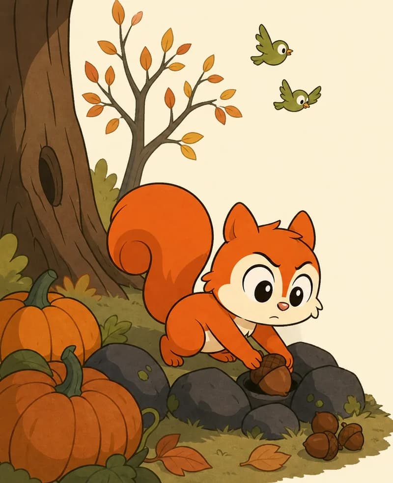 On the left side of the image,  Pip crouches with a determined expression beside a large tree, tucking nuts into a hole among dark rocks and large orange pumpkins. A slender tree with sparse autumn leaves stands in the background, and two small green birds flutter above. The right side of the image opens into a plain, soft cream-colored sky with no detail.  There is only one Pip.
