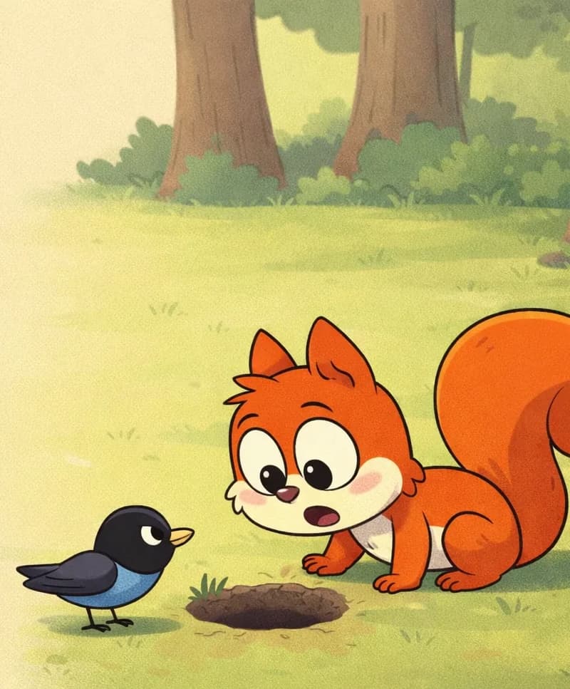 On the right side of the image, Pip is crouched low on the ground with a shocked, disbelieving expression, peering at a small empty hole in the earth where her nuts were stored. The bird hops over toward Pip, appearing calm and conversational. The scene is set outdoors on a grassy area with large tree trunks and subtle foliage visible in the background, suggesting a suburban yard or park setting with soft, warm daylight.