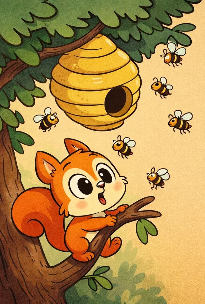 On the left side of the image, Pip clings to a tree branch near a large beehive, looking up at it with a curious expression. Several bees buzz around the hive and near Pip. The scene is set outdoors in a leafy tree with green foliage framing the upper-left corner, against a warm, muted tan background that opens up across the right side of the image.