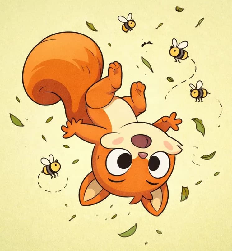 On the right side of the image, Pip the orange squirrel is tumbling through the air upside-down with wide eyes and a small open mouth, her expression bright and surprised, almost playfully curious, with arms and legs spread outward mid-tumble. Four bees buzz around her with dotted flight trails, one to her left and three scattered to her right near her body and tail. Green leaves and tiny debris fly around the scene, emphasizing the motion of being tossed about. The left side is plain pale yellow-green background, and the overall setting is an outdoor daytime scene with soft, warm, even lighting.