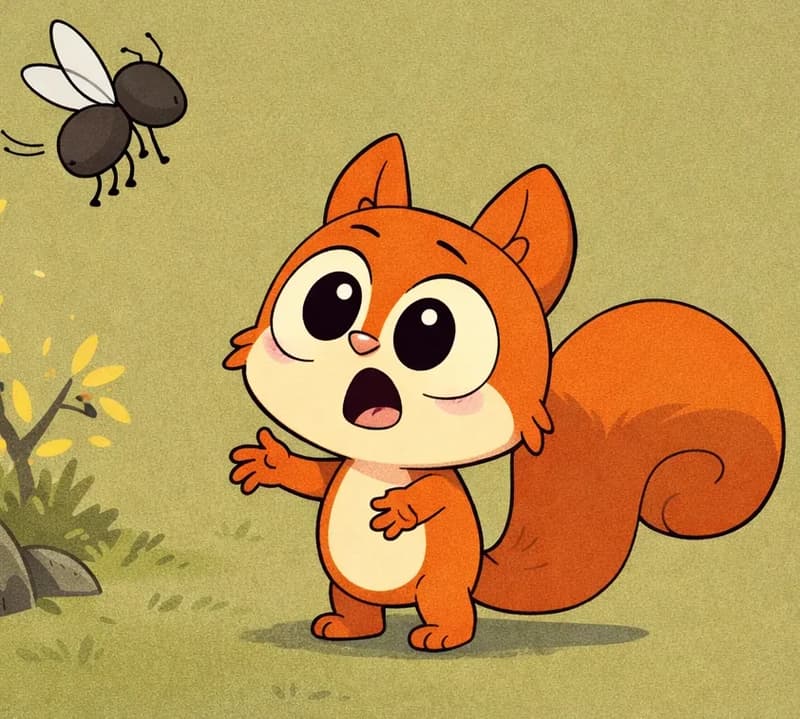 On the left side of the image, Pip stands looking up with mouth open in a pleading or asking expression, facing toward the fly. The fly hovers in the air just above and to the left of Pip, near some yellow wildflowers and a gray rock. The fly appears to be turning away, suggesting disinterest. The scene is set outdoors on a muted olive-green background with a natural, grassy feel. The right ~40% of the image is plain background with no characters or detail.