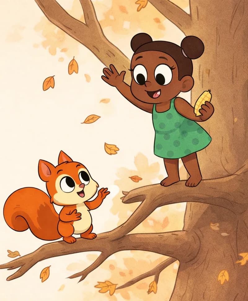 On the right side of the image, Pip and Liz are perched together on the thick branches of a large tree. Liz is standing on a branch above Pip, waving down with a warm smile and holding a piece of fruit in her other hand, offering it to Pip. Pip stands on a lower branch looking up at Liz with a gentle, appreciative expression and one paw raised in a polite declining gesture. The scene is set outdoors in autumn, with orange and yellow leaves drifting through the air around the bare branches. The left side of the image is open background showing the muted, warm-toned trunk and branches of the tree.