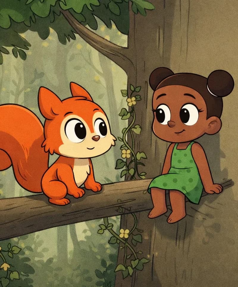 On the left side of the image, Pip sits on a tree branch, leaning forward with a gentle, thoughtful expression as she looks toward Liz. Liz is perched on the same branch closer to the tree trunk, facing Pip with a calm, reassuring expression. The scene is set outdoors in a forest with tall tree trunks, leafy branches overhead, and small vines with yellow flowers climbing the bark. The right side of the image is open background of muted tree trunk and foliage.