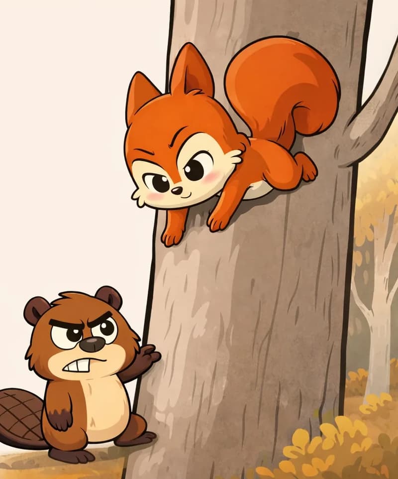 On the right side of the image, Pip, a bright orange-red squirrel with a large curled fluffy tail, clings headfirst to a large pale-gray tree trunk near the top of the frame, facing downward with a determined, slightly smiling expression as she begins climbing down, her paws gripping the bark. At the base of the tree stands a brown beaver with a cream belly, prominent front teeth, and a flat cross-hatched tail, glaring upward with a grumpy, frowning expression while pressing one paw against the trunk. The scene is set outdoors in a muted, autumnal woodland with golden-yellow foliage clustered along the lower right and behind the trunk, rendered in soft, textured tones. The left side of the image is open pale cream background, with the composition dominated by the broad tree trunk and subdued earthy tones.