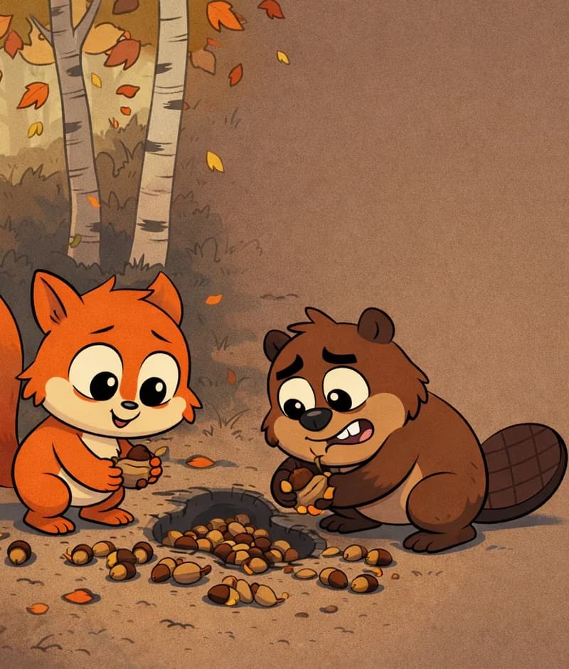 On the left side of the image, Pip and the beaver are on the ground near the base of a large tree in an autumn forest, bending down to pick up scattered nuts and acorns that are strewn across the ground. A small hole is visible in the ground where the beaver's digging broke through to Pip's store. Pip has a relieved, understanding expression while the beaver appears sorry and apologetic as they gather the fallen food together. The scene is set outdoors in a wooded area with tall birch-like trees and falling autumn leaves, with soft, muted earthy tones throughout. The right ~40% of the image is plain muted brown background with no characters or detail.