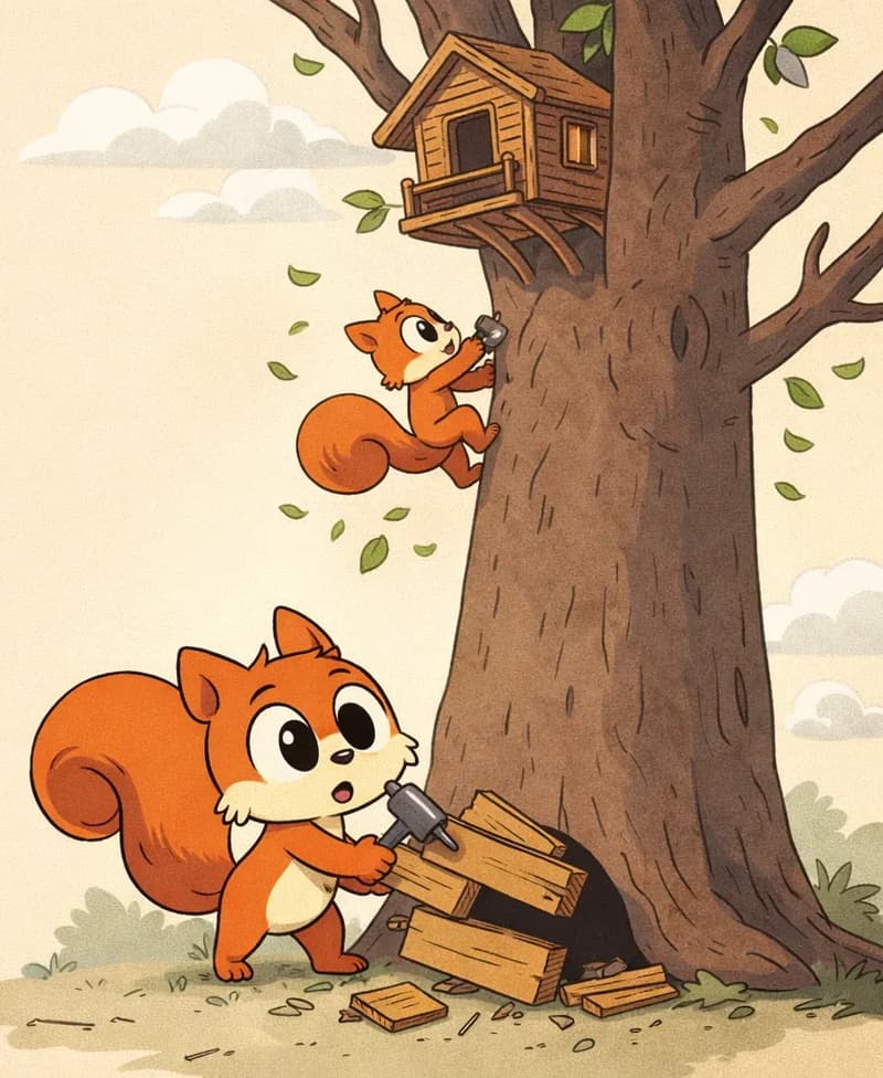 On the right side of the image, Pip is shown twice in a sequential scene. In the lower right, Pip stands with a determined expression, hammering wooden planks over a hole at the base of a large tree. In the upper right near the tree trunk, a smaller Pip is seen climbing upward toward a treehouse nestled in the branches above, with green leaves scattering in the breeze. The scene is set outdoors on a calm day with soft, muted earthy tones, wispy clouds in the sky, and a tall bare-branched tree dominating the right side of the composition. The left ~40% of the image is plain background.
