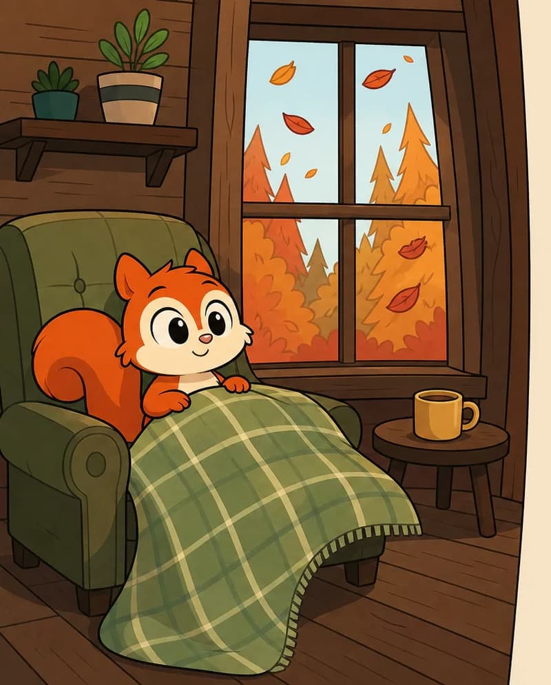 On the left side of the image, Pip is sitting contentedly in a cozy armchair, tucked under a green plaid blanket with a peaceful, satisfied smile on her face. She gazes out through a large window in the center of the scene, where autumn leaves in warm oranges and reds drift past. The indoor setting is a warm, comfortable living room with a small round coffee table holding a cup, potted plants on a shelf above, and soft natural light streaming through the window — evoking a sense of cozy readiness for winter.  The house Pip is in is clearly a wooden house perched up high in a tree, and the view from the window reflects that.