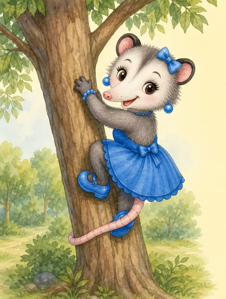 Zulma climbs a tall tree in the nature park, gripping the trunk with her tail. Her vain personality shows in a confident, pleased expression. The tall tree dominates the illustration area; the park setting is suggested with simple greenery.