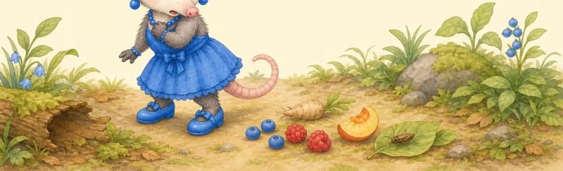Zulma stands on a forest patch, looking around nervously over her shoulder — she is keeping watch for foxes. In front of her, a small spread of food items she eats: a few berries/fruit, a small root, a tiny insect on a leaf. Her long snout and oval head are clearly visible.