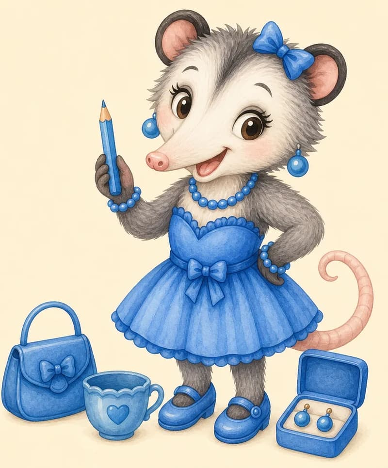Zulma proudly displays her blue belongings — a blue cup, blue earrings, and her treasured blue pencil — all arranged neatly in front of her. She is smiling with vain pleasure at her blue collection. Simple background.
