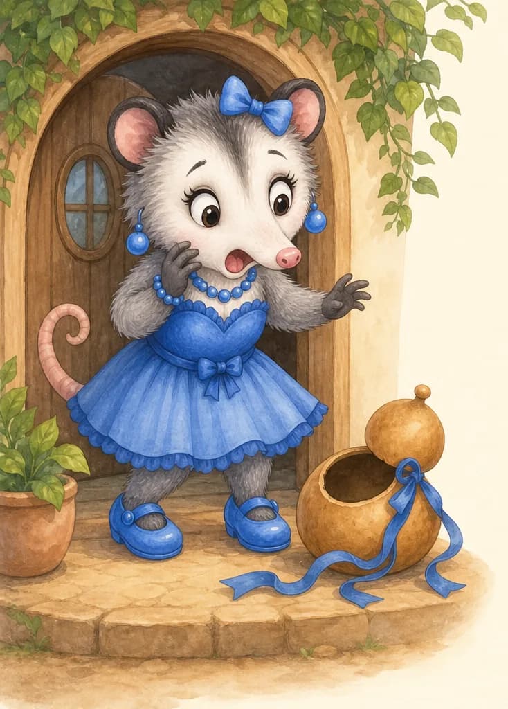 Zulma arrives home and stops short, eyes wide with surprise, as she sees her dried gourd container open with the blue ribbon untied beside it. The gourd container is clearly the centerpiece of the action. Zulma's blue shoes are prominent on her feet.