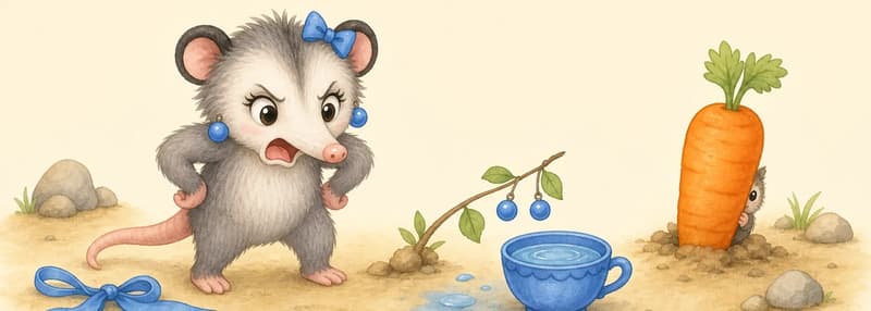 A scene of disarray: the blue ribbon lies on the ground, the blue earrings dangle from a leaf, the blue cup is filled with water sitting nearby, and Zulma's blue shoes are clearly absent. Zulma's face is furious. Nearby, a large carrot is standing upright with something small clearly hiding/peeking from behind it (just a small shape, no clear identity yet).