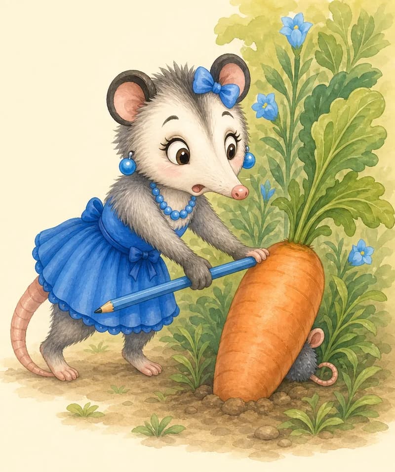 Zulma cautiously holds her blue pencil and uses it to push the large carrot aside. She is leaning forward, eyes wide with anticipation. Whatever is behind the carrot is just beginning to be revealed — keep it a bit ambiguous (a tiny silhouette or hint of small ears/tail showing) so the reveal lands fully on page 7.