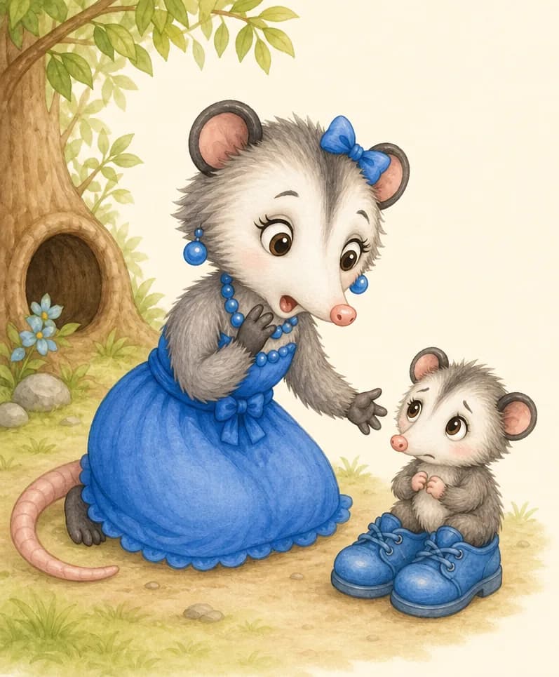 The reveal: a tiny baby opossum (Zaida) sits behind where the carrot was, wearing the blue shoes which look too big on her tiny feet. She looks small and a little scared/sad as she explains who she is. Zulma kneels or leans down, her anger softening into surprise and concern.
