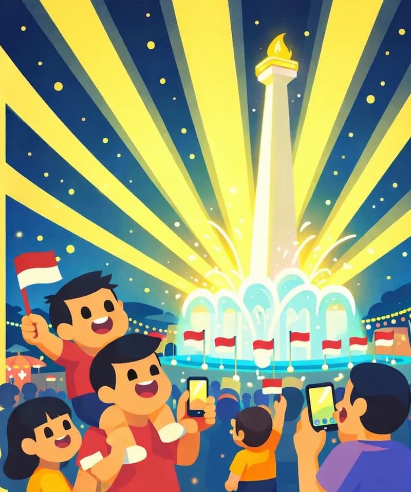 On the right side of the image, a large illuminated monument and fountain dominate the scene, with dramatic beams of bright light radiating outward into the dark night sky, turning it brilliant yellow. Small flags line the base of the fountain. On the lower-left and center, a crowd of festival-goers stands gazing up at the spectacle — a boy rides on an adult's shoulders, smiling wide with excitement and waving a small flag, while nearby figures hold up phones to take photos and others wave flags of their own. A small child stands near the center looking toward the monument. The atmosphere is festive and joyful, with string lights and vendor stalls visible in the background. Multiple crowd members are visible — adults and children enjoying the festival.