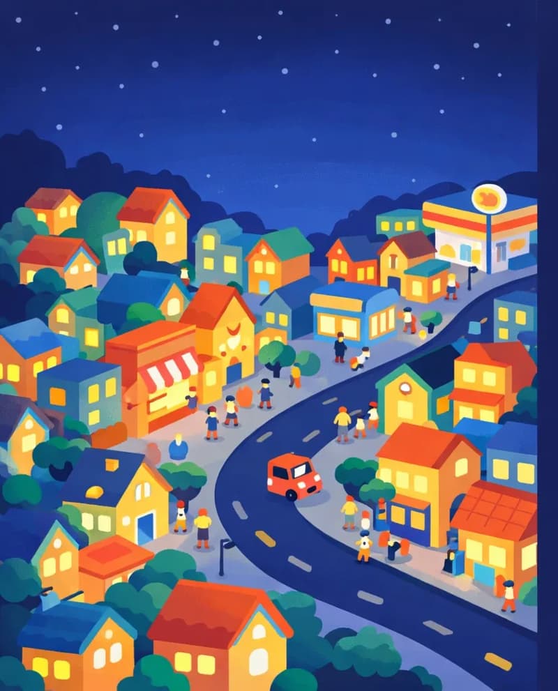 A nighttime aerial view of a small American town fills the left side of the image, seen from an elevated angle. Warm golden light glows from the windows of houses, shops, and storefronts, contrasting against the deep dark blue sky. Streets wind between the buildings where tiny figures walk along sidewalks and a small red vehicle drives along a road in the lower right area of the town. The right ~40% of the image is plain dark sky, suitable for text overlay. Several small figures are visible on the streets and sidewalks throughout the town — they are too tiny to identify individually but appear to be townspeople going about evening activities.