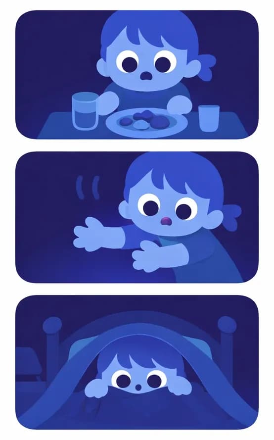 On the right side of the image, three stacked comic-style panels rendered in dark blue watercolor tones depict a young child experiencing a world without lights. In the top panel, the child sits at a table with a worried expression, struggling to see a plate of food and a glass in near-darkness. In the middle panel, the child reaches out with arms extended, looking anxious and disoriented as they feel their way through the dark room. In the bottom panel, the child is curled up in bed hiding under the covers with a scared expression, peeking out fearfully, the bedroom furniture barely visible in the deep nighttime darkness. The left ~40% of the image is plain white background.