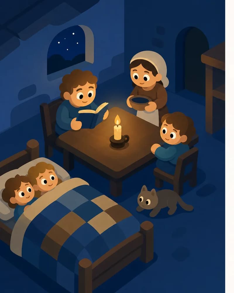 On the left side of the image, a nighttime scene is shown from a bird's-eye view inside a dimly lit American home, rendered in blue-toned watercolor. A family is gathered in a room lit by a single candle on the dining table — two figures sit at the dining table, one reading a book by candlelight, while another stands nearby holding what appears to be a dish; a window behind them shows a dark night sky with a single candle glowing on the sill. In the lower-left, two children lie in bed under a patchwork quilt, and on the floor near the table, a cat prowls the dim room looking for a warm spot. The entire scene conveys a pre-electricity, medieval-like atmosphere with no modern lighting, matching the text's theme of living by the sun. The right ~40% of the image is plain white background.  There should be only one candle in the room.  There should be no candle on the windowsill.