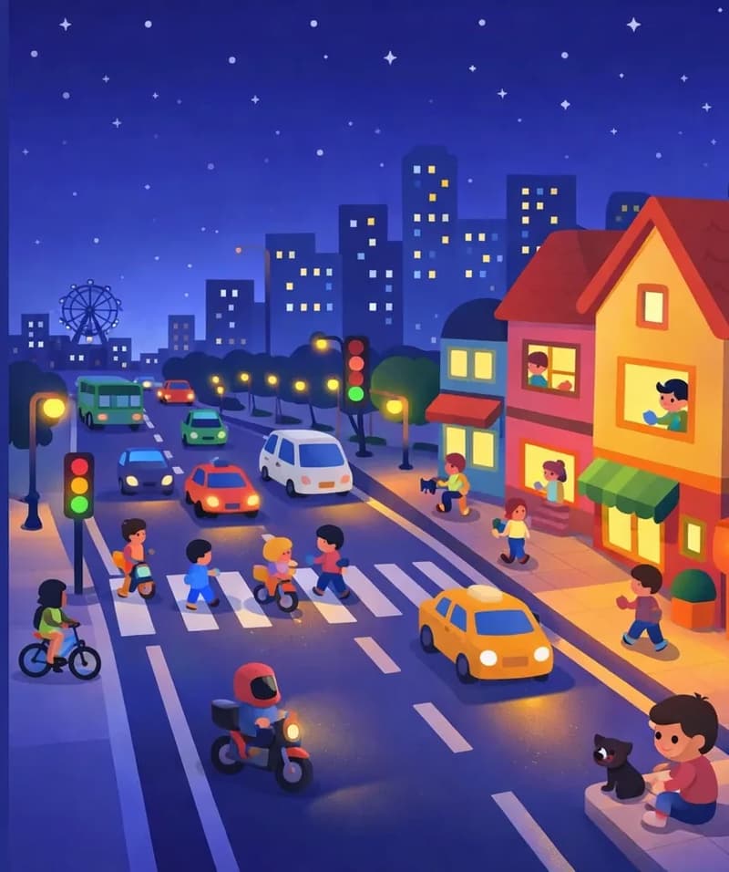 A busy nighttime city street scene viewed from an elevated angle, with the action spread across the center and right side of the image. On the right, colorful buildings line the roadside — a large two-story house and smaller storefronts — with people visible in the windows. The wide road stretches into the distance toward a city skyline of tall buildings and a Ferris wheel, with streetlights, traffic lights, cars, buses, a motorcycle, and a bicycle all navigating the illuminated road. Several pedestrians cross at a crosswalk in the middle of the scene, while others walk along the sidewalks on the right. In the lower right, a child sits on the curb near a small dog, watching the bustle of the city. The sky is dusky blue with stars beginning to appear, and streetlights cast a warm glow, reflecting the nighttime setting described in the text. Multiple unnamed pedestrians, cyclists, and motorists populate the scene.