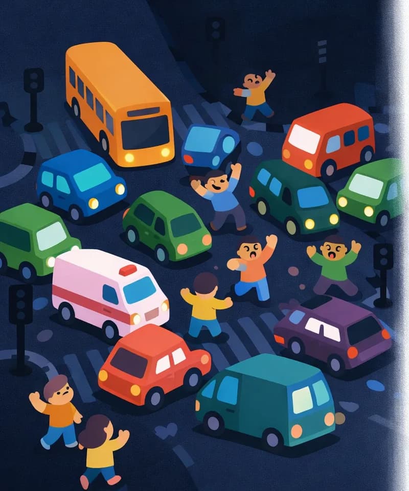 On the left side of the image, a chaotic urban intersection is shown from a bird's-eye view in near-total darkness, with cars, buses, and trucks tangled together in the middle of the intersection, blocking crosswalks. The traffic lights are dark and unlit. Several small figures of pedestrians are scattered among the vehicles — some stumbling between cars, some standing with arms raised waving and yelling in frustration, and others appearing to argue or gesture angrily at one another. Vehicles are pointed in various directions and nearly colliding, with gridlock stretching in every direction. The right ~40% of the image is plain white/light background, clear of any detail.