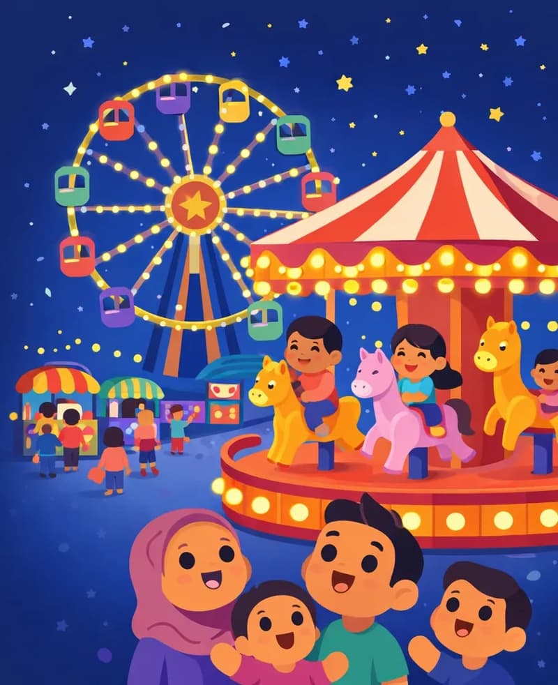 A lively nighttime carnival scene set against a dark blue starry sky. On the right side of the image, children giggle and ride a colorful carousel (merry-go-round), sitting on painted horse figures under a canopy of golden bulbs. A large Ferris wheel with glowing yellow lights and colorful gondolas twinkles in the center-right background against the starry sky. In the mid-ground, food and game stalls with bright awnings are visible, with families strolling among them. In the lower right foreground, a few children and adults look up at the attractions with excited, joyful expressions.