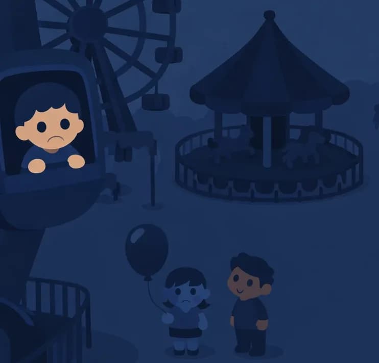 On the left side of the image, a carnival scene is shown in muted, dark blue tones suggesting the power has gone out. A large Ferris wheel dominates the upper left, stopped mid-turn, with small figures visible in its gondolas — one child near the bottom looks up with a troubled, distressed expression. A carousel sits in the center-left, still and silent. Below and around the rides, a couple of kids stand idle on the ground, one clutching a balloon, looking disappointed. The overall atmosphere is dim and still, conveying that the carnival has shut down — no music, no laughter, no rides. The right ~40% of the image is plain muted blue background.