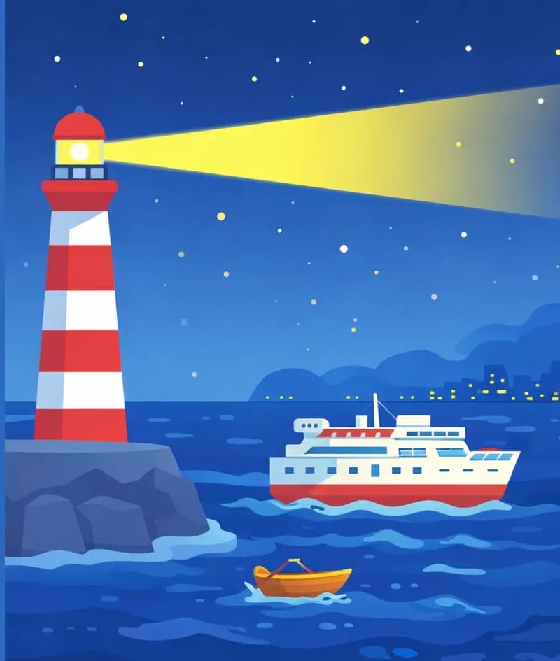 A nighttime coastal scene with a tall red-and-white striped lighthouse on a rocky ledge on the left side, its powerful beam sweeping across the dark waves and starry sky. On the right side of the image, a large white-and-red ferry sails past on dark blue choppy waters, while a little wooden rowboat bobs nearby. A distant city skyline with twinkling lights is faintly visible along the horizon.