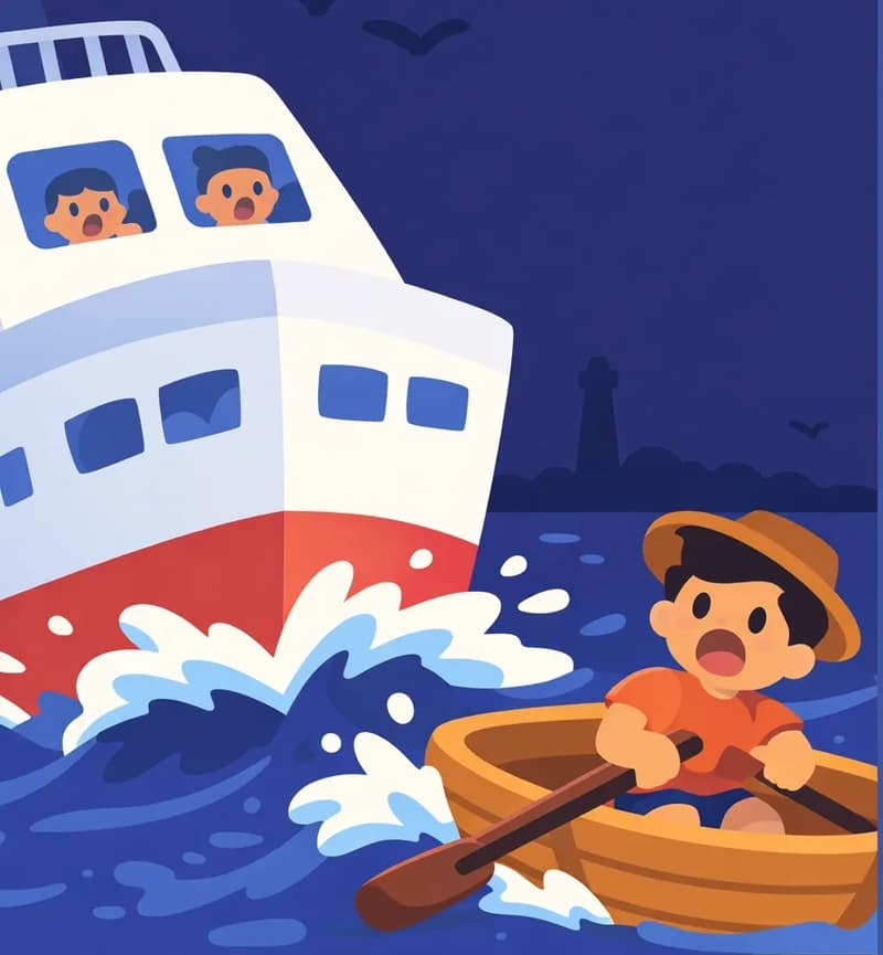 On the left side of the image, a huge ship plows through dark, churning waves at nighttime, bearing down on a small wooden rowboat. A boy in the rowboat grips his oars with a terrified, screaming expression as the vessel looms above him. Two small figures are visible peering through the ship's windows with worried faces. In the distant background on the dark shore, the unlit lighthouse stands as nothing but a silent dark tower — no signal, no warning. Birds fly across the dark sky.