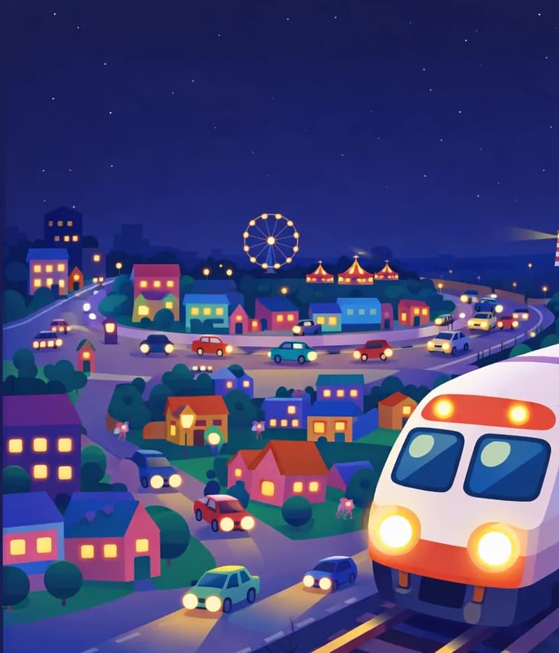 A wide nighttime view of a bustling American town seen from an elevated angle, with all activity on the right side of the image. In the lower right, a train rumbles along the tracks with headlights blazing. The town stretches across the center-right, filled with colorful buildings, houses with warmly glowing windows, cars traveling the roads with their headlights on, streetlights glowing, and a distant carnival sparkling on the horizon with a Ferris wheel and fairground lit up. A dark night sky fills the upper portion, emphasizing how every single light — from a streetlamp to a window candle — keeps the town alive after dark. The left ~40% is plain dark sky and muted background.