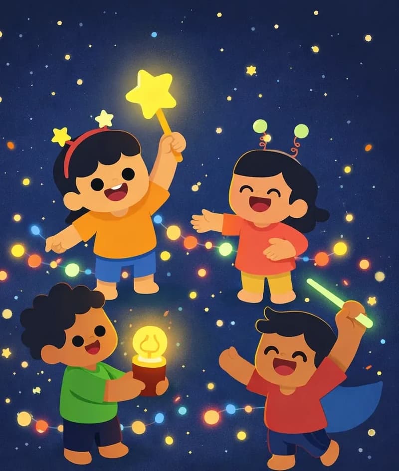 On the left side of the image, four children play joyfully at nighttime surrounded by various light sources under a starry sky. One child stands with arm raised waving a bright glowing star wand, grinning widely; another child beside them laughs with arms outstretched amid colorful sparkle-filled string lights draped around them. In the foreground, a third child carries a little glowing lantern, and a fourth child twirls a green glow stick overhead, smiling broadly. Small floating lights and stars dot the dark blue background. The right side of the image is open dark sky, clear for text.