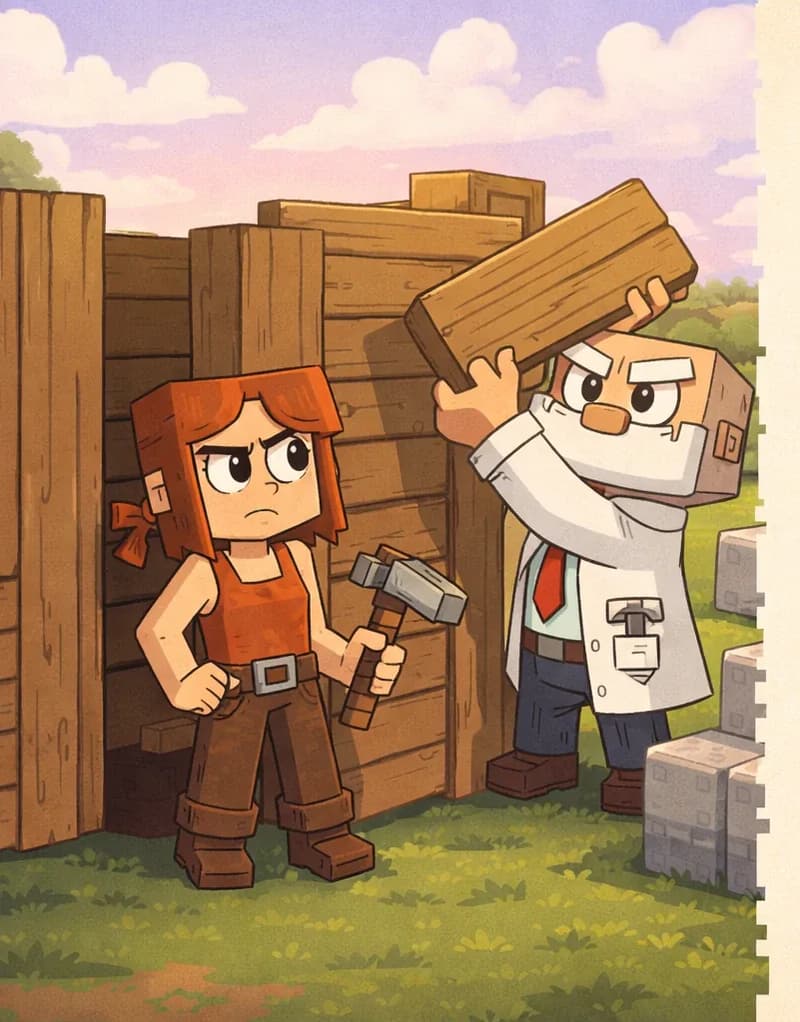 On the left side of the image, Jill and Dr. Can Do stand together on grass in front of a partially built wooden structure (the beginnings of the windmill). Jill stands slightly to the left with a skeptical, furrowed expression, her gray-and-brown pickaxe resting at her side. Dr. Can Do stands beside her, actively lifting a wooden plank into place on the structure with both hands, his small gray hammer tucked in his belt. Stone building blocks are stacked nearby on the ground to the right of them. The scene is outdoors on a bright day with a green landscape, trees in the distance, and a soft pink-tinged sky with clouds. The right ~40% of the image is a plain parchment-colored text area.