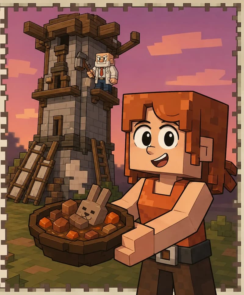 On the right side of the image, Jill is shown in a close-up view, facing the viewer with a friendly expression and large, round dark eyes. She is holding a warm bowl of rabbit stew in her hands, offering it outward toward the left. Behind her, the completed windmill tower is visible in the background against a warm pink-purple sunset sky, with Dr. Can Do's small silhouette visible partway up the tower, still working on the sails. The left side of the image is a plain beige/cream text area. The image is rendered in a blocky, Minecraft-style pixel art aesthetic with a decorative stitched border.  The windmill tower sails are not attached to the wooden brackets, the sails are at the base of the tower.