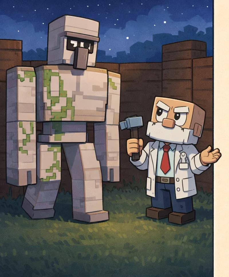 On the left side of the image, a tall Iron Golem with gray iron skin and dark eyes stands facing slightly to the right in a slow walking pose, while Dr. Can Do stands beside it looking up at the golem with a calm, shrugging expression. The scene is set outdoors at nighttime, with a dark blue sky visible above wooden fence walls that form an enclosed yard area, and grass on the ground. The right ~40% of the image is a plain beige text panel with no characters or detail.