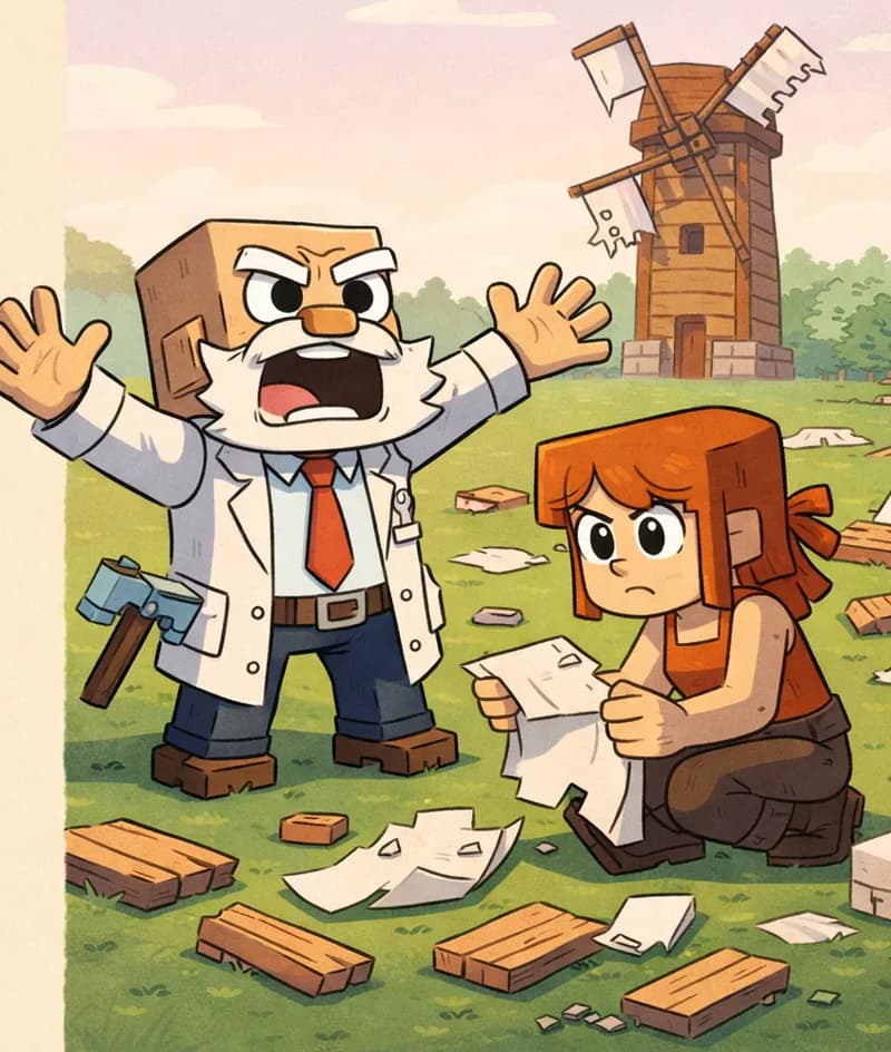 On the right side of the image, broken wooden planks, torn sail pieces, and blocks lie scattered across a green field, representing the destroyed windmill sails. The windmill tower stands in the background, stripped of its sails. In the foreground, Dr. Can Do stands with his arms thrown wide and an anguished, crying-out expression, while Jill crouches beside the wreckage, picking up a torn piece of sail and turning it over in her hands with a serious, examining expression. The scene is set outdoors in morning light with a pale pink sky, green grass, and a tree line in the background. The left ~40% of the image is a plain beige text area.