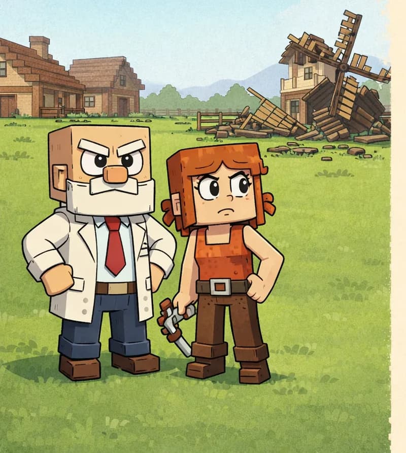 On the left side of the image, Dr. Can Do and Jill stand together in Minecraft-style blocky rendering on the green field near the wreckage. Dr. Can Do is positioned to the far left in a full-body view, standing upright with his hands planted firmly on his hips and a frustrated, determined expression. Jill stands slightly in front and to his right, frowning with concern. Behind them, intact buildings — a house, a barn, and fences — stand undamaged against a pale blue sky, contrasting with the broken windmill wreckage nearby. The right ~40% of the image is plain beige background, clear for text overlay.
